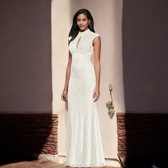 BETSY & ADAM A18339 CAP SLEEVE FLORAL LACE KEYHOLE IVORY FITTED MAXI DRESS GOWN - Picture 1 of 13